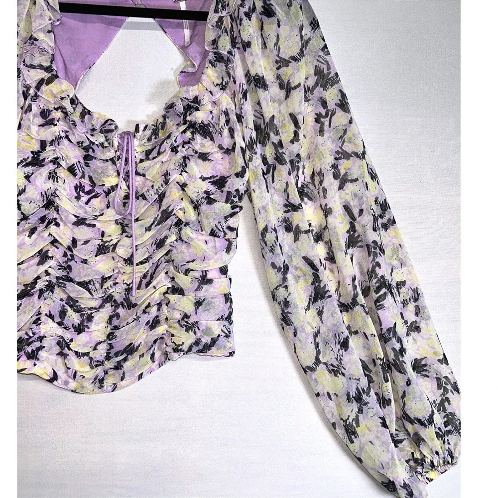 Free People Floral Ruched Puff Sleeve Crop Blouse Purple S